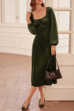 Dark Green Square Neck Ruched High Waist Midi Dress