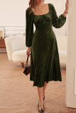 Dark Green Square Neck Ruched High Waist Midi Dress