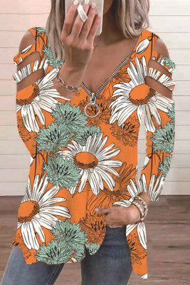 Zipper V Neck Printing Cold SHoulder Top