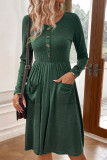 Green Button Down Pockets High Waist Dress