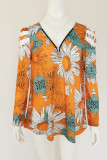 Zipper V Neck Printing Cold SHoulder Top