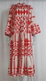 V Neck Button Printing Maxi Dress