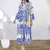 V Neck Button Printing Maxi Dress