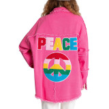 Peace Raw Hem Denim Jacket Coat