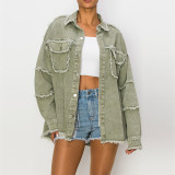 Peace Raw Hem Denim Jacket Coat