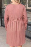 Pink Solid Button Front Plus Size Long Sleeve Dress