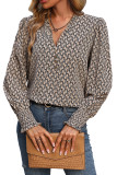 Light French Beige Frenchy Printed Frill V Neck Long Sleeve Blouse