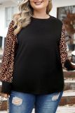 Black Leopard Patchwork Ribbed Knit Mock Neck Plus Size Top