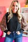Black Leopard Patchwork Ribbed Knit Mock Neck Plus Size Top