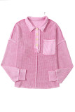 Bright Pink Waffle Exposed Seam Pocket Henley Sweatshirt