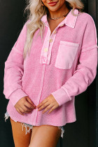 Bright Pink Waffle Exposed Seam Pocket Henley Sweatshirt