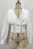 Plain Ruched Puff V Neck Crop Blouse