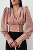 Plain Ruched Puff V Neck Crop Blouse