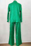 Plain Jacquard Leopard Button Up Shirt And Pants 2pcs Set