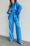 Plain Jacquard Leopard Button Up Shirt And Pants 2pcs Set