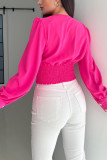 Plain Ruched Puff V Neck Crop Blouse