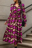 Geometric Print V Neck Button Drawstring Maxi Dress