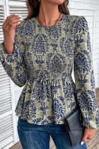 Smocked Printing Puff Sleeves Blouse