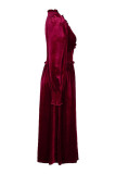 Burgundy V Neck Smocked Ruffles Midi Dress