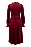 Burgundy V Neck Smocked Ruffles Midi Dress