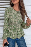 Smocked Printing Puff Sleeves Blouse