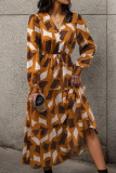 Geometric Print V Neck Button Drawstring Maxi Dress