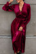Burgundy V Neck Smocked Ruffles Midi Dress