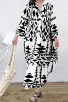 V Neck Button Printing Maxi Dress