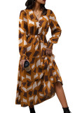 Geometric Print V Neck Button Drawstring Maxi Dress