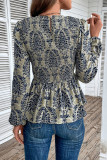 Smocked Printing Puff Sleeves Blouse