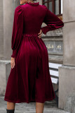 Burgundy V Neck Smocked Ruffles Midi Dress