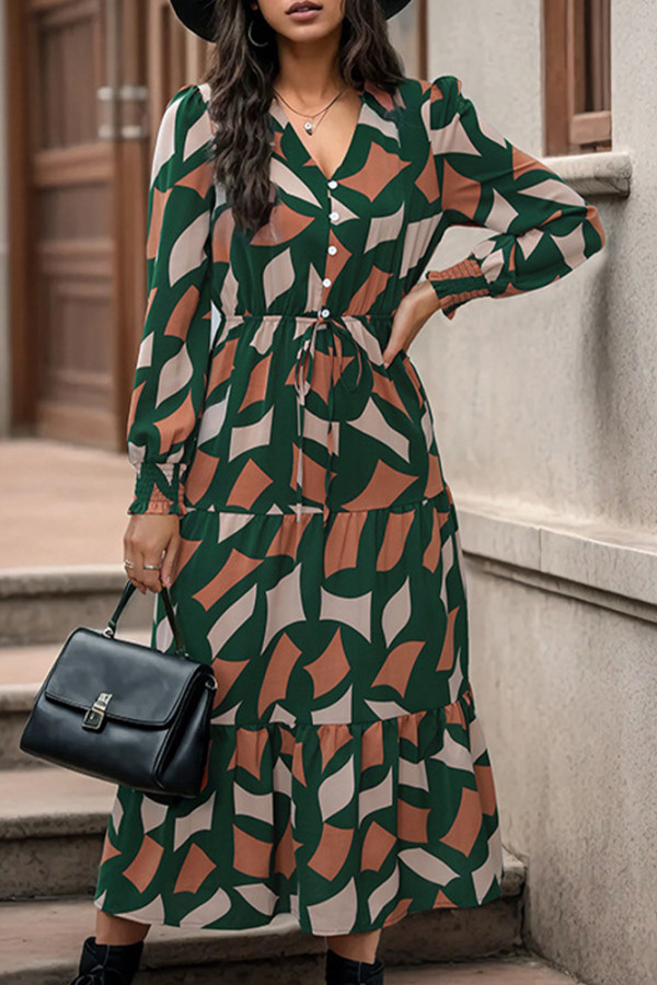 Geometric Print V Neck Button Drawstring Maxi Dress