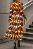 Geometric Print V Neck Button Drawstring Maxi Dress