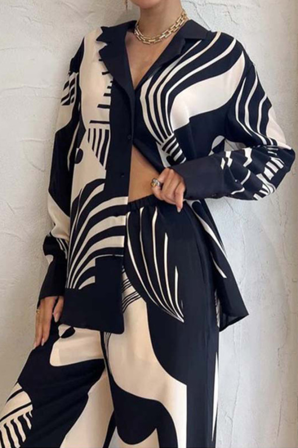 Abstract Printing Top and WIde Leg Pants 2pcs Set