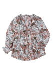 Khaki Plus Size Printed Long Sleeve Drawstring V Neck Blouse