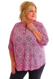 Pink Printed Plus Size Paisley Print V Neck Roll Tab Sleeve Blouse