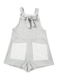Light Grey Knotted Straps Patch Pockets Terry Knit Romper