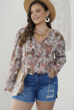 Khaki Plus Size Printed Long Sleeve Drawstring V Neck Blouse