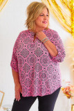 Pink Printed Plus Size Paisley Print V Neck Roll Tab Sleeve Blouse