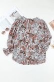 Khaki Plus Size Printed Long Sleeve Drawstring V Neck Blouse