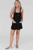 Black Knotted Straps Patch Pockets Terry Knit Romper