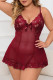 Burgundy Plus Size Lace Mesh Splicing Bow Babydoll Lingerie