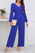 Plain V Neck Puff Sleeves One Piece Jumpsuit