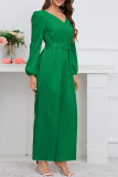 Plain V Neck Puff Sleeves One Piece Jumpsuit