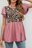 Splicing Leopard Print Ruffles Sleeves Babydoll Top