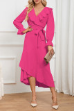 Plain Jacquard Leopard V Neck Ruffles Maxi Dress