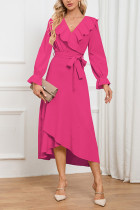 Plain Jacquard Leopard V Neck Ruffles Maxi Dress