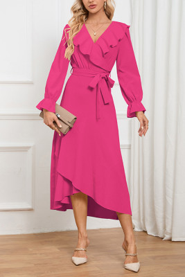 Plain Jacquard Leopard V Neck Ruffles Maxi Dress