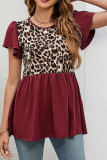 Splicing Leopard Print Ruffles Sleeves Babydoll Top
