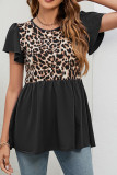 Splicing Leopard Print Ruffles Sleeves Babydoll Top